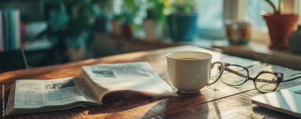 Cup of coffee on office desk with glasses ond newspaper in background