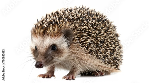 Cute Baby Hedgehog Isolated on White Background. Full Frontal View of Wild Animal with Bristles and Fur. Closeup Shot 