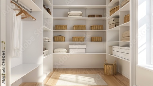 A small, white room with a lot of shelves and baskets