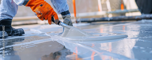 Close-up 3D scene of a worker applying waterproof sealant with focus on the smooth application technique photo