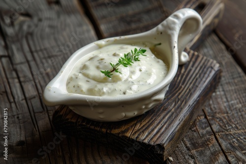 Delicious Tartar Sauce in Gravy Boat on Wooden Surface for Dipping and Dressing Seafood - Creamy, Tangy, and Loaded with Mayo, Sour Cream, and Herbs photo
