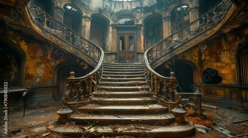 Timeless Decay: Haunting Staircase of a Deserted Mansion, generative ai