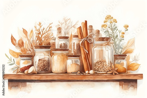 A serene portrayal of a spice rack with baking essentials like cinnamon and nutmeg, earthy spice jars and wooden rack tones, white background, vivid watercolor, 100 isolate photo