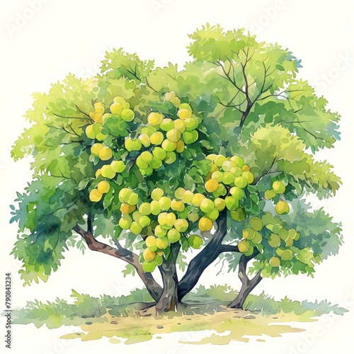 A serene portrayal of a Manchineel Tree, beautiful but deadly, toxic applelike fruits and lush greens, white background, vivid watercolor, 100% isolate