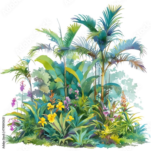 A vibrant depiction of a tropical garden with towering palms and colorful orchids, bright greens and exotic flowers, white background, vivid watercolor, 100% isolate