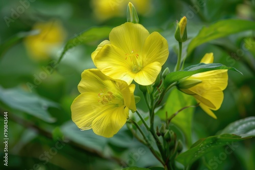 Detail of Yellow Evening Primrose. Perennial Summer Flowering Plant with Green Leaves