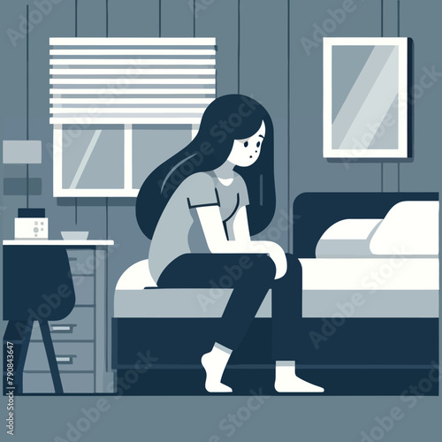 illustration of a depressed woman sitting in a bedroom
