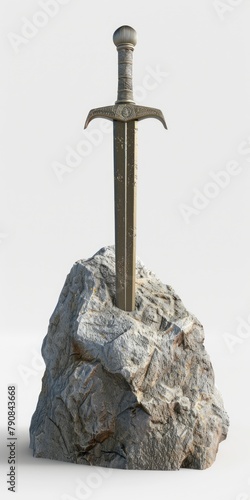 Determination Unleashed: 3D Render of Ancient Sword in Stone Symbolizing Dedication and Bravery for Conquering Life's Challenges photo