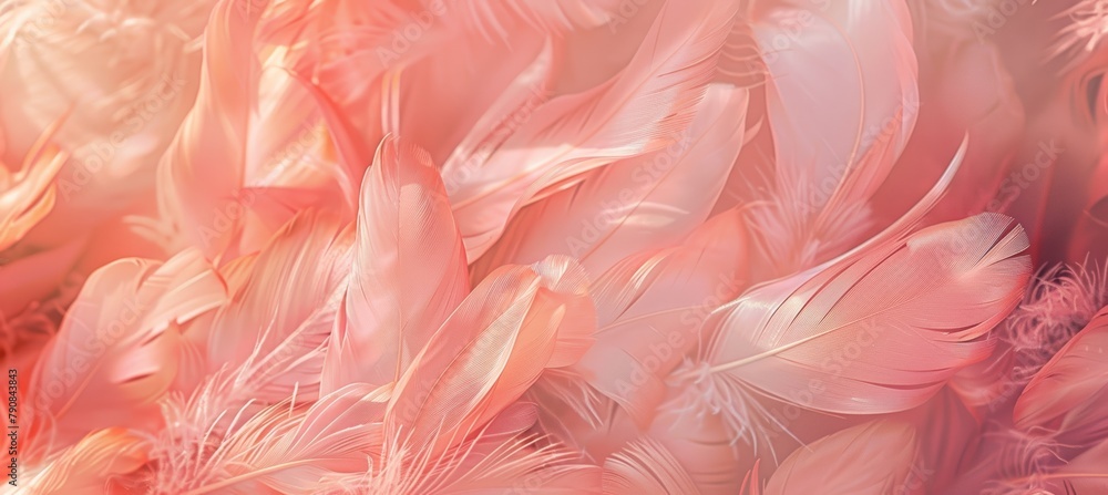 A closeup of soft pink and peach feathers, creating an abstract background with a dreamy texture. Fluffy feathers on an elegant flamingo's tail for use as background or texture.
