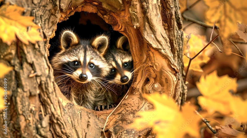 Curious Raccoons Peek Out from an Autumn Tree Hollow. Wildlife in Fall ...