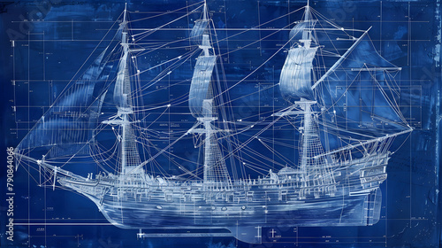 Nautical Ship Blueprint in Cyanotype Style
Technical Drawing of Historical Sailing Vessel
Maritime Engineering Blueprint of Tall Ship