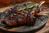 Fine dining with grilled Australian Tomahawk on wooden plate. Perfectly cooked beef steak for exquisite meat lovers