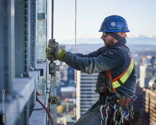Half-body shot of a worker tightening bolts on a high beam, his safety gear and the cityscape in the background.