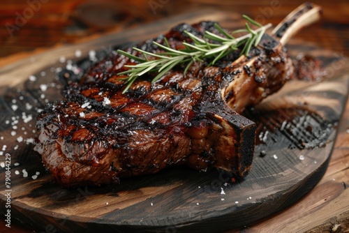 Fine dining with grilled Australian Tomahawk on wooden plate. Perfectly cooked beef steak for exquisite meat lovers photo