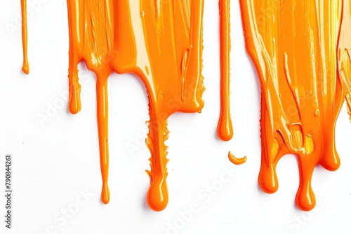 Flowing Orange Paint Drip on Isolated White Background. Fluid Liquid Ink in Vibrant Orange Color