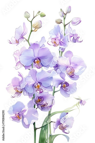 An elegant portrayal of orchids in a tropical greenhouse  delicate whites and exotic purples  vivid watercolor  white background  100  isolate