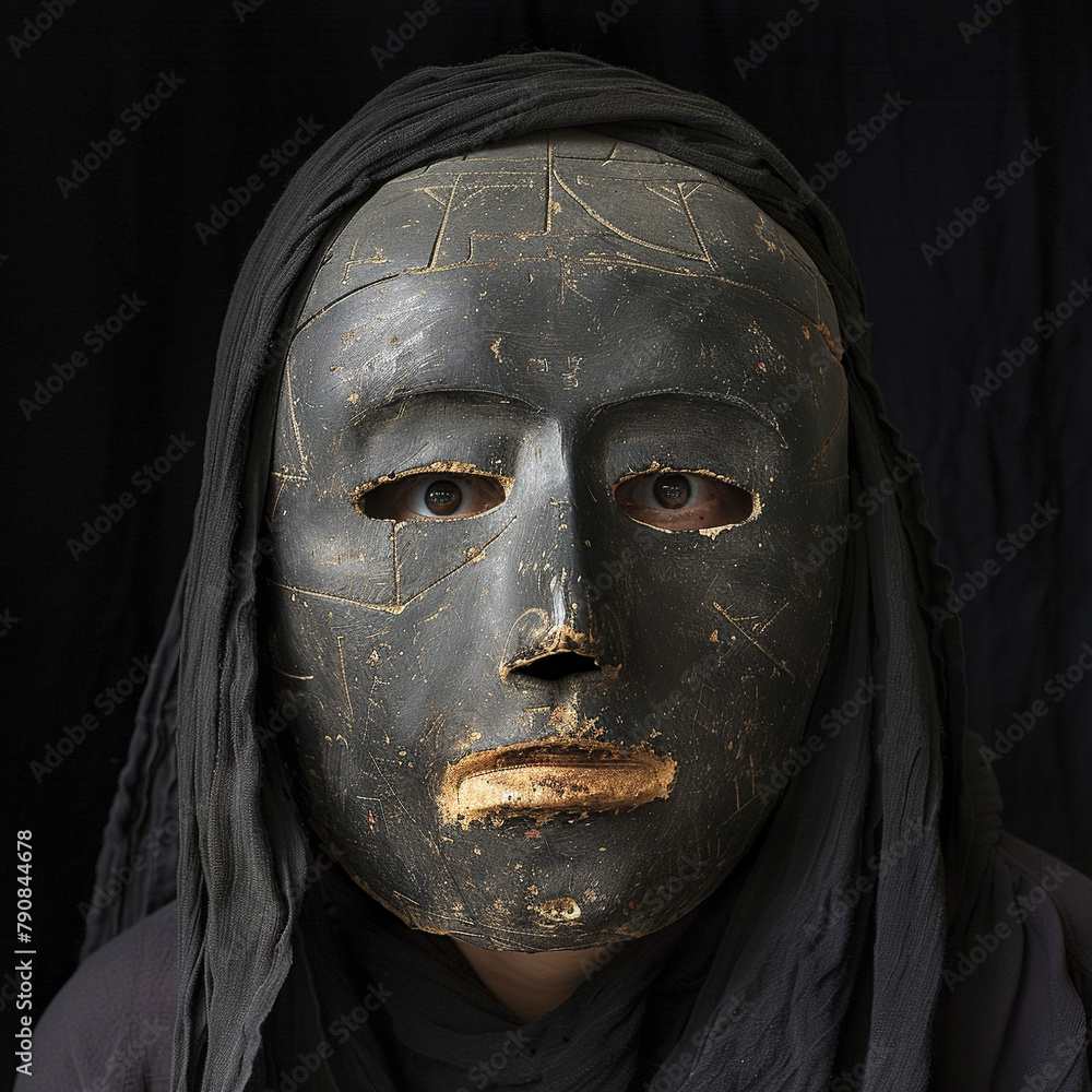Intimate portrait of an artist wearing a mask from an ancient culture, their eyes revealing a deep, enigmatic understanding of its history. Intimate portrait of an artist wearing a mask from an ancient culture, their eyes revealing a deep, enigmatic understanding of its history.