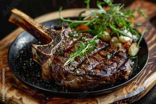 Grilled Tomahawk Steak on Wood Plate for Fine Dining: Beef Meat in Black Plating and Perfectly Grilled for Ultimate Perfection