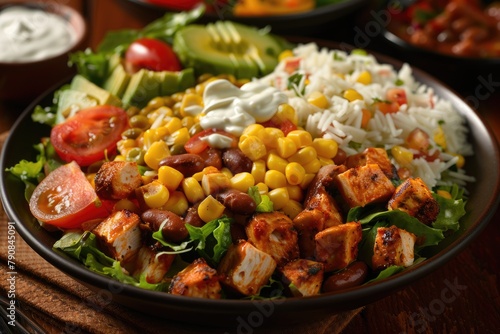 Healthy Southwest Salad with Chicken, Corn, Beans, and Avocado Topped with Ranch Dressing