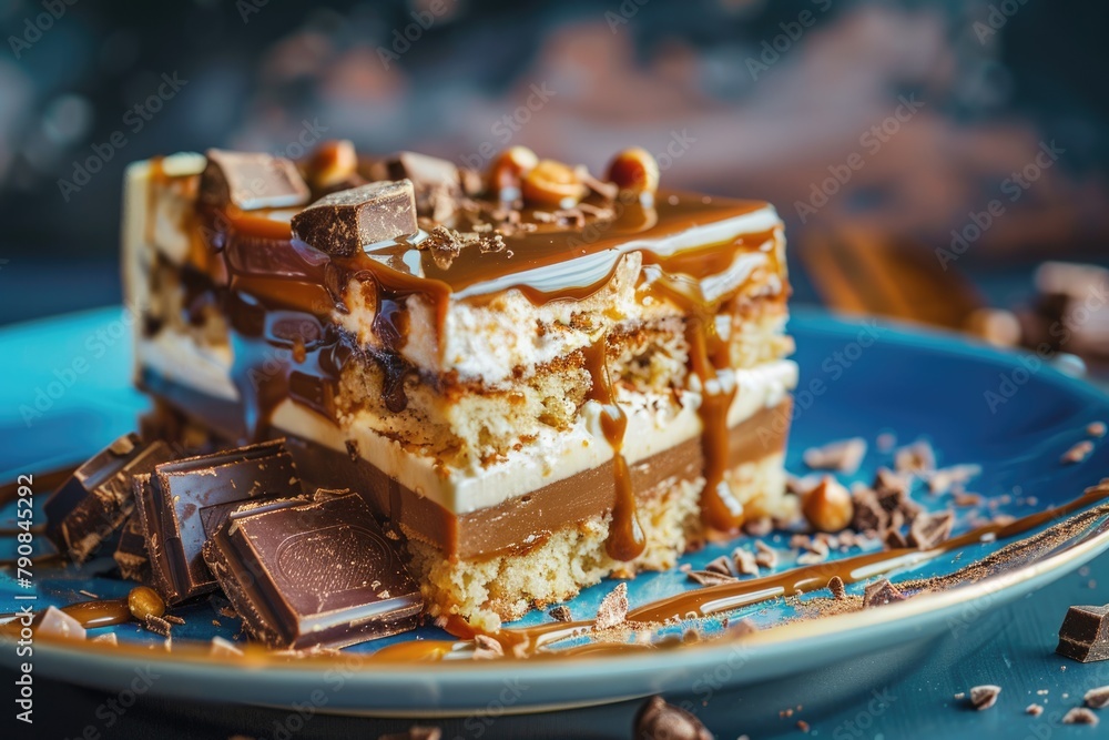 Indulge in Delightful Toffee Cake with Creamy Caramel and Chocolate Fudge on Blue Porcelain with Mousse Topping