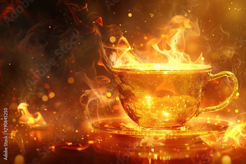 Hot Gold Holographic Flame Illustration with Burning Cup of Tea - Bitcoin Banner 