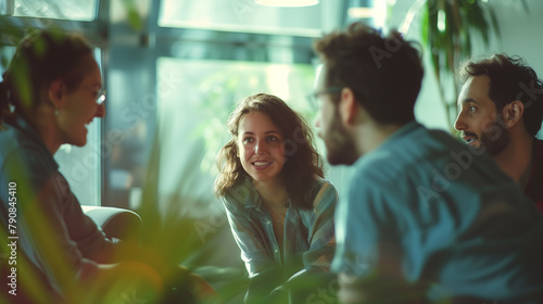 A group of tech enthusiasts discussing innovative startup ideas in a casual setting with mentors providing guidance. , natural light, soft shadows, with copy space, blurred backgro