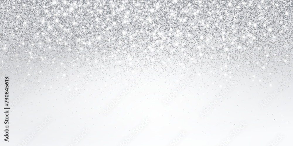 Silver and white glitter lights background. Sparkling glittering rain effect. Celebration backdrop for Christmas, wedding, birthday party. Luxury metallic frame, border. Vector.