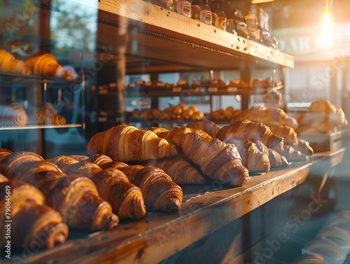 Perspective Shot  Genre Baker  Scene Rows of fresh croissants and pastries displayed in a bakery window  Emotion Inviting  Lighting Morning sun streaming in  Time Morning  Location Type French Bakery