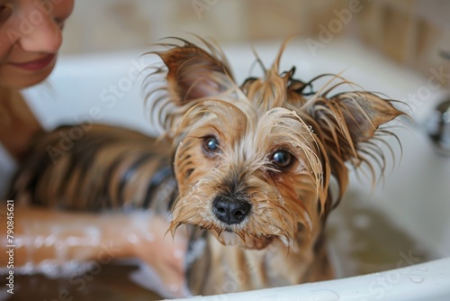 female groomer brushing dog at grooming salon, ai generated