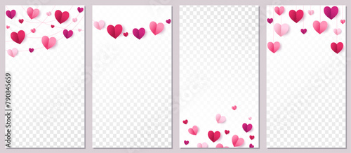 Pink hearts decoration. Vertical banner template for social media. Mother's day garland. Valentine's day frame, border. Wedding string ornaments isolated on transparent background. Vector.