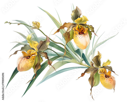 Phragmipedium longifolium, long leafed slipper orchid, serene watercolor, peaceful pond, watercolor, isolate. photo