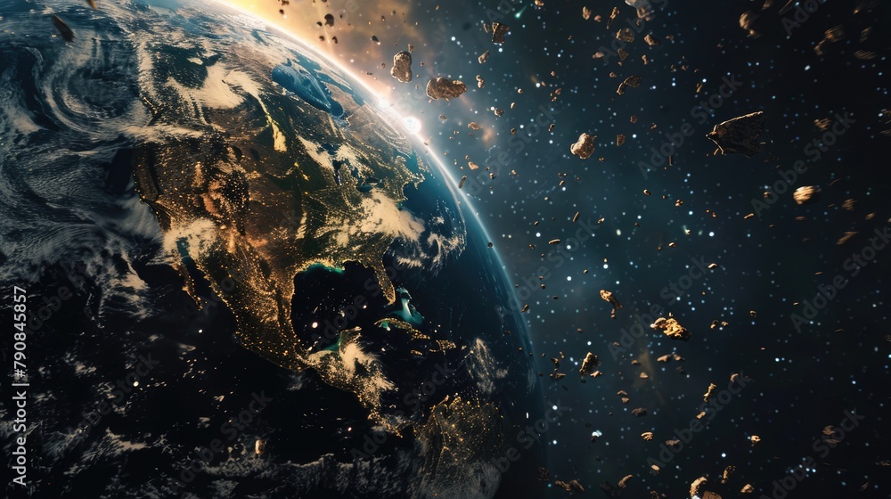 Fototapeta premium Polluting the Planet: 3D Render of Broken Artificial Satellites and Space Debris orbiting Earth