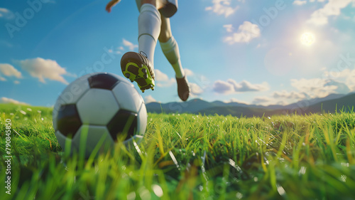 active soccer player with a soccer ball on grass