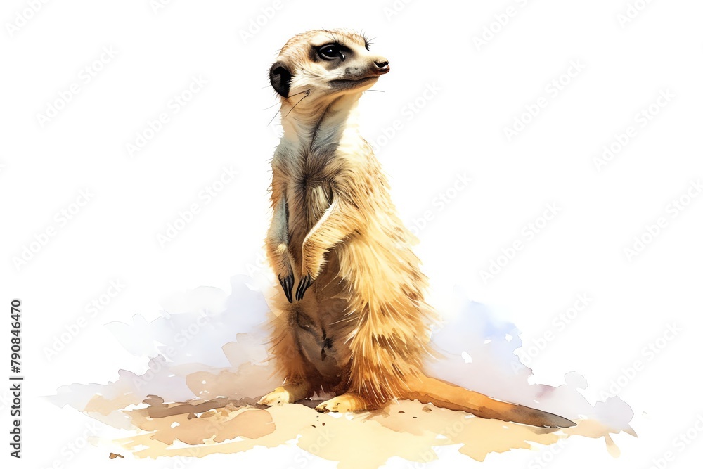 A minimalist watercolor of a meerkat standing alert, its slender form upright and watchful, desert sands and sky blues, white background, vivid watercolor, 100 isolate - obrazy, fototapety, plakaty 