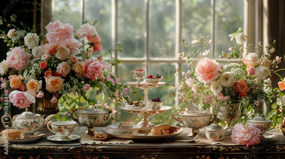 Genteel Floral Tea Party Agenda on Delicate China, generative ai Genteel Floral Tea Party Agenda on Delicate China, generative ai