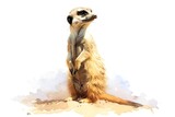 A minimalist watercolor of a meerkat standing alert, its slender form upright and watchful, desert sands and sky blues, white background, vivid watercolor, 100 isolate