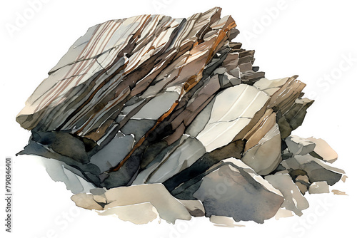 A dynamic sketch of a gneiss rock with distinct banding, the flow of its metamorphic layers captured in fluid grays and browns, white background, vivid watercolor, 100 isolate photo