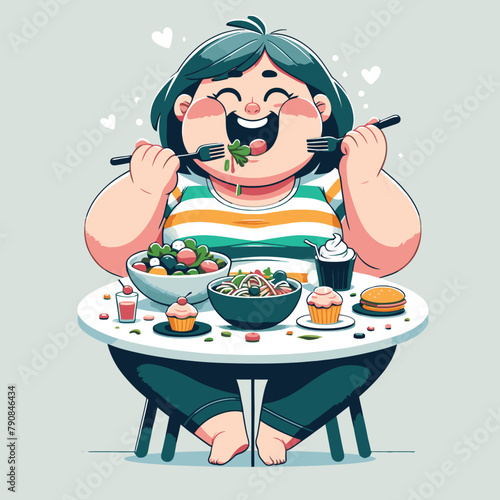 illustration of an obese woman eating voraciously