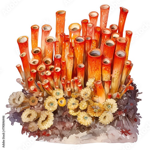 A dynamic sketch of Organ Pipe Coral, tubes resembling organ pipes in striking reds, musical arrangement in coral form, white background, vivid watercolor, 100 isolate photo