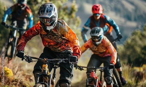 Three mountain bikers in vibrant protective gear are speeding down a dusty trail, showcasing the dynamic nature of the sport