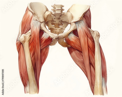 A rustic illustration of the hip muscles, including the iliopsoas and gluteus maximus, demonstrated in a standing posture, earthy tones and precise detailing, white background, vivid watercolor, 100 i