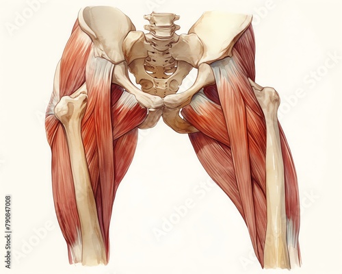 A rustic illustration of the hip muscles, including the iliopsoas and gluteus maximus, demonstrated in a standing posture, earthy tones and precise detailing, white background, vivid watercolor, 100 i photo