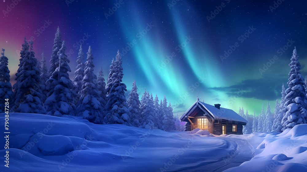 amazing green northern lights in the winter sky over a small wooden cottage