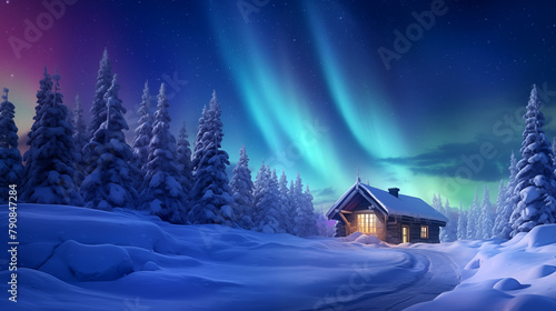 amazing green northern lights in the winter sky over a small wooden cottage
