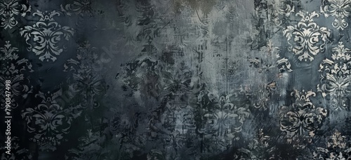 Dark grey damask pattern background with grunge texture, vintage gothic design for wallpaper or cover background. Elegant floral ornament in gothic style for design, packaging paper or fabric print.