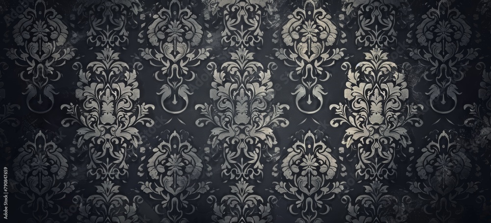 Dark grey damask pattern background with grunge texture, vintage gothic design for wallpaper or cover background. Elegant floral ornament in gothic style for design, packaging paper or fabric print. Dark grey damask pattern background with grunge texture, vintage gothic design for wallpaper or cover background. Elegant floral ornament in gothic style for design, packaging paper or fabric print.