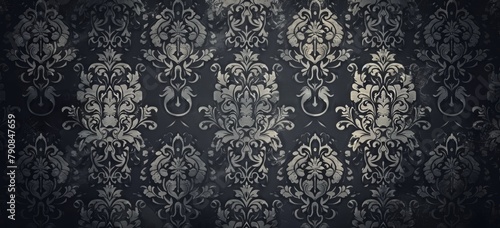 Dark grey damask pattern background with grunge texture, vintage gothic design for wallpaper or cover background. Elegant floral ornament in gothic style for design, packaging paper or fabric print.