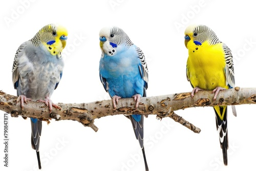 Small Family of Blue and Yellow Budgies - Lovebirds in Isolated Roost photo