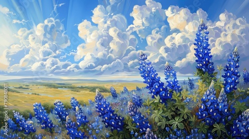 Spring: Bunch of Blue Bonnets in Front of Cloudy Blue Sky - A beautiful floral scene with the blue bonnets as the star of the show, set against a spring sky