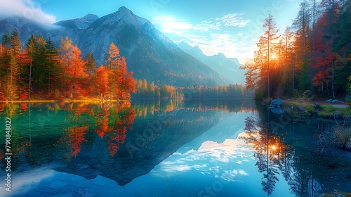 Beautiful autumn sunrise scene with trees near turquoise water of Hintersee lake photo